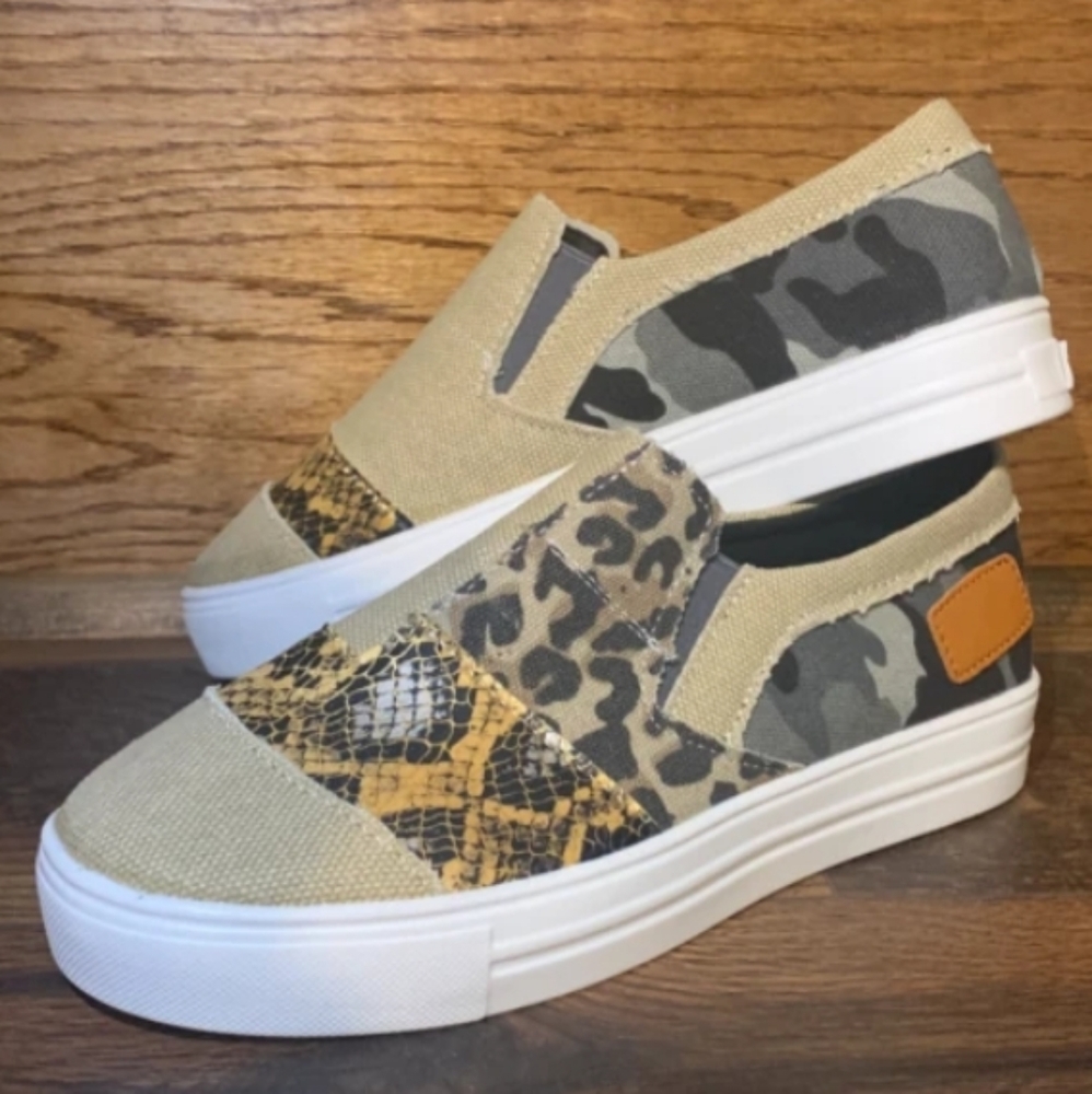 Khaki mixed print slip ons